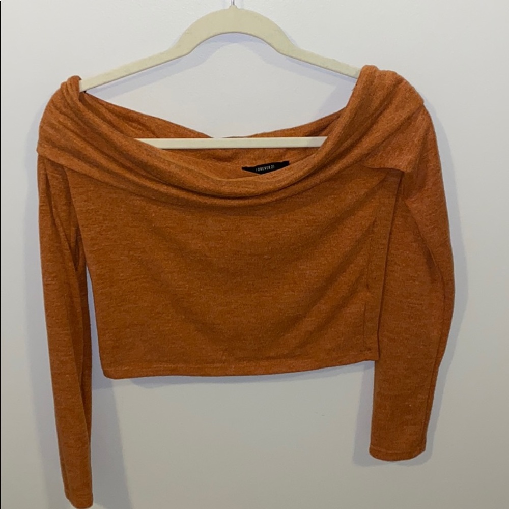 Off the shoulder burnt orange cropped sweater